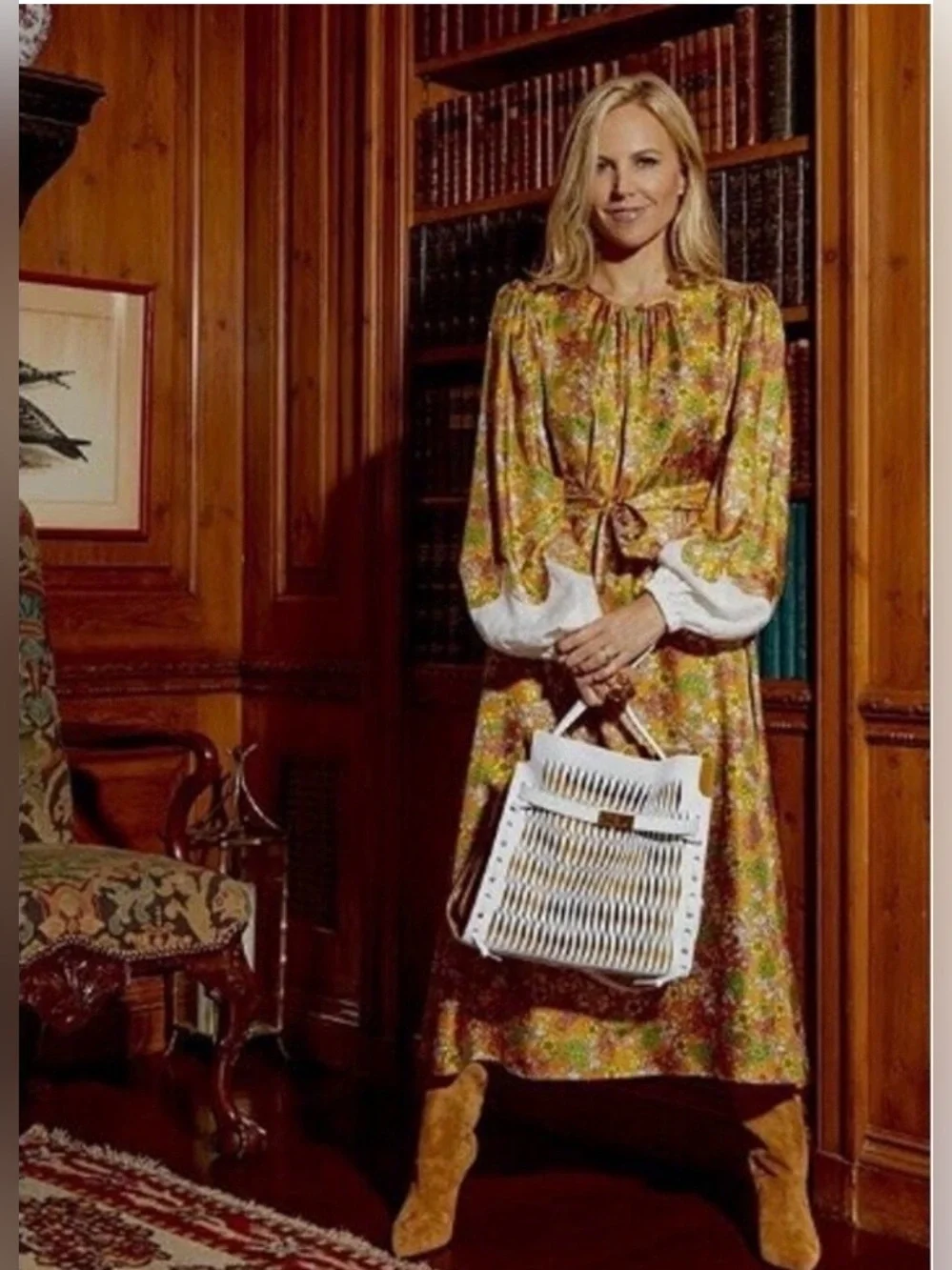Tory Burch Wallpaper Floral Silk Midi Dress, size S